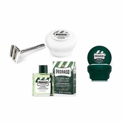Proraso Shave Soap, Sensitive 150 ml + Proraso Shave soap menthol and eucalyptus 4oz + Double Edge Razor + Proraso Aftershave Lotion, Refresh, 100 ml + LA Cross Tweezers 71817