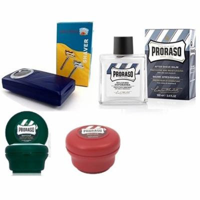 Proraso Shave Soap, Sandalwood 150 ml + Shave Soap Menthol and Eucalyptus 4 Oz + Shave Factory Safety Razor, Silver + Proraso After Shave Balm Protective, 3.4 Fluid Ounce + LA Cross Manicure 74858