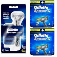 Gillette Sensor Excel Razor w/ 3 Cartridges + Gillette Sensor3 8 Ct. Refill Blades (Pack of 2) + Curad Dazzle Bandages 25 Ct.