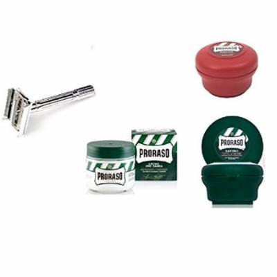 Proraso Shave Soap, Sandalwood 150 ml + Proraso Shave Soap Menthol and Eucalyptus 4 Oz + Double Edge Razor + Proraso Pre Shave Cream w/ Menthol & Eucolyptus 100 ml + LA Cross Tweezers 71817