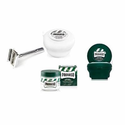 Proraso Shave Soap, Sensitive 150 ml + Proraso Shave soap menthol and eucalyptus 4oz + Double Edge Razor + Proraso Pre Shave Cream w/ Menthol & Eucolyptus 100 ml + LA Cross Blemish Remover 74851