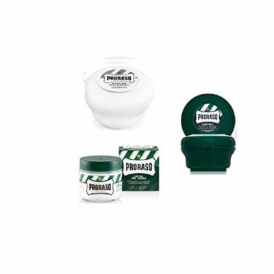 Proraso Shave Soap, Sensitive 150 ml + Proraso Shave soap menthol and eucalyptus 4oz + Proraso Pre Shave Cream w/ Menthol & Eucolyptus 100 ml + LA Cross Tweezers 71817