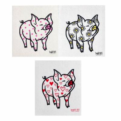 Wet-It Daisy Pig, Heart Pig & Polka Dot Pig Swedish Kitchen Bathroom Dishcloths 3 Pack