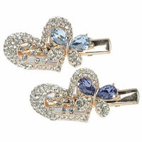 Jeweled Heart & Butterfly Hair Clips Gold Metal with Decorative Purple & Blue Rhinestone Crystals - Set of 2