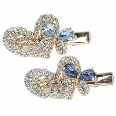 Jeweled Heart & Butterfly Hair Clips Gold Metal with Decorative Purple & Blue Rhinestone Crystals - Set of 2