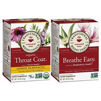 Traditional Medicinals Non-GMO Herbal Tea 2 Flavor Variety Bundle: (1) Throat Coat Lemon Echinacea, and (1) Breathe Easy, 16 Bags Each