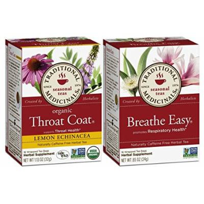 Traditional Medicinals Non-GMO Herbal Tea 2 Flavor Variety Bundle: (1) Throat Coat Lemon Echinacea, and (1) Breathe Easy, 16 Bags Each
