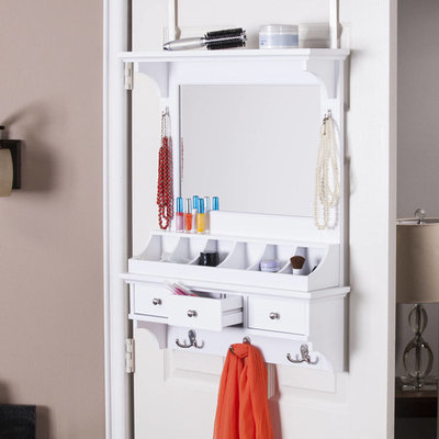 Southern Enterprises Darlene Over-the-Door Makeup Mirror/Accessory Organizer, White