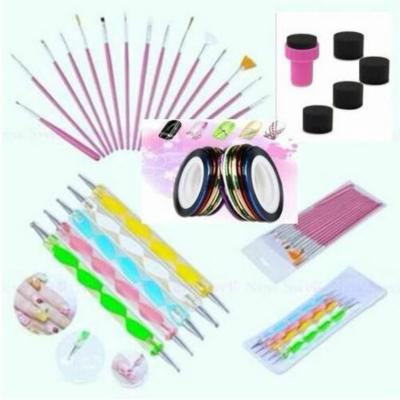 Nail Art Design Set 15 Nail Painting Brush + 5 Swirl Dotting Pen + Gradual Color Sponge Stamper + 10 Nail Striping Tapes (Random Color)