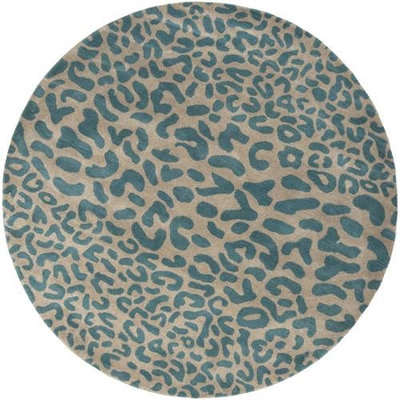 6' Les Animaux Mink and Cerulean Cheetah Hand Tufted Round Wool Area Throw Rug