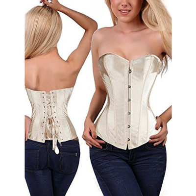 SAYFUT Women's Retro Satin Buckle-Up Body Shaper Overbust Corset Lace Up Ribbon Of Breast Implants Sweet Fume