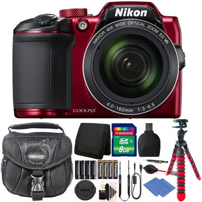 Nikon Coolpix B500 16MP Digital Camera Red + Extra Batteries + Accessories