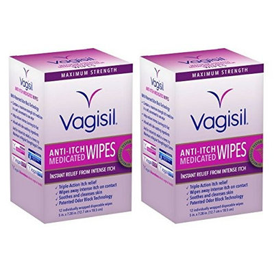 Vagisil Anti-Itch Medicated Wipes, Maximum Strength, 12 Wipes - Pack of 2