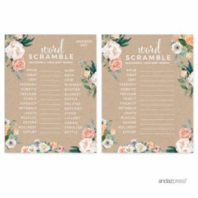 Peach Rustic Floral Garden Party, Word Scramble Game Cards, 20-Pack, Games