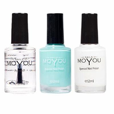 MoYou Nails Stamping Nail Polish Pack of 3: Top Coat, White and Powder Blue Colours used for Stamping Nail Art to Create Beautiful Shinny and Fashionable Nails Sourced Directly from the Manufacturer