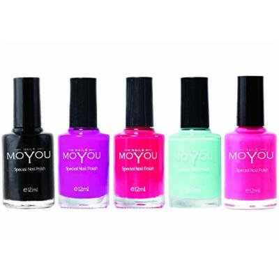 MoYou Nails Stamping Nail Polish Pack of 5: Black, Razzle Dazzle Rose Red Torch, Powder Blue and Persian Turqoise Colours used for Stamping Nail Art to Create Beautiful Shinny and Fashionable Nails Sourced Directly from the Manufacturer