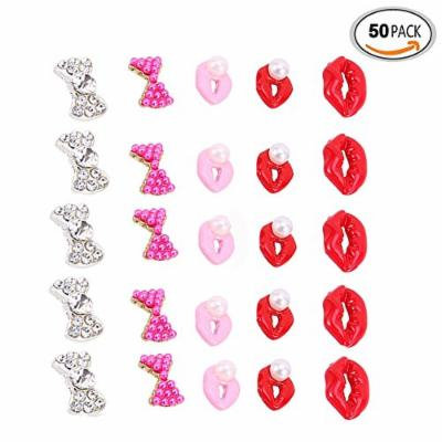 Yosoo 50pcs 5 Different Styles 3D Nail Art Alloy Rhinestones Bow Vermilion Border Beads Glitters Stickers DIY Decorations
