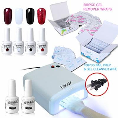 Elite99 Soak Off UV LED 4 Color Nail Gel Polish + Base Top Coat + 36W Nail Lamp(US Plug) + 200pcs Gel Remover Wraps + 100pcs Nail Prep & Gel Cleanser Wipe Nail Art Manicure Set C003