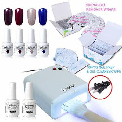 Elite99 Soak Off UV LED 4 Color Nail Gel Polish + Base Top Coat + 36W Nail Lamp(US Plug) + 200pcs Gel Remover Wraps + 100pcs Nail Prep & Gel Cleanser Wipe Nail Art Manicure Set C018