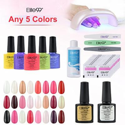 Elite99 Nail Art Design Lacquer Soak Off UV LED Any 5 Colours Gel Polish + 20pcs Remover Pads + Top & Base Coat + Cleanser Plus + Sanding File + Buffer + Polisher + 9W LED Lamp