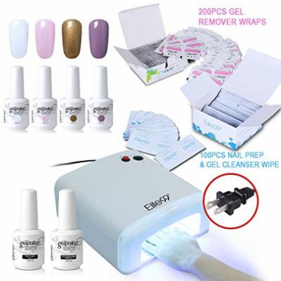 Elite99 Soak Off UV LED 4 Color Nail Gel Polish + Base Top Coat + 36W Nail Lamp(US Plug) + 200pcs Gel Remover Wraps + 100pcs Nail Prep & Gel Cleanser Wipe Nail Art Manicure Set C009