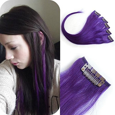 Luwigs Clip In Hair Extensions Straight Purple Color 100% Human Virgin Hair Clip In Highlights 18inches 5pcs/set (18inches, Purple)