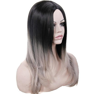 Women's 2 Tones Ombre Grey Wigs Black To Gray Synthetic Wig Long Straight Middle Part None Lace Full Machine Made Heat Resistant Fiber