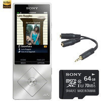Sony 64GB Hi-Res Digital MP3 Player Silver w/ 64GB Micro SD Card, headphone Splitter