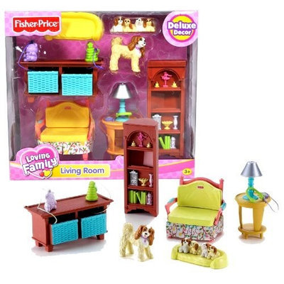 Fisher Price Year 2006 Loving Family Dollhouse Deluxe Decor Furniture Accessory Set - LIVING ROOM (K5318) with Sofa Chair, Toy Storage with 2 Drawers, Coffee Table with Lamp, Book Shelf, Cocker Spaniel Dog with Puppies and Dog Bed (Dollhouse Sold Separately)