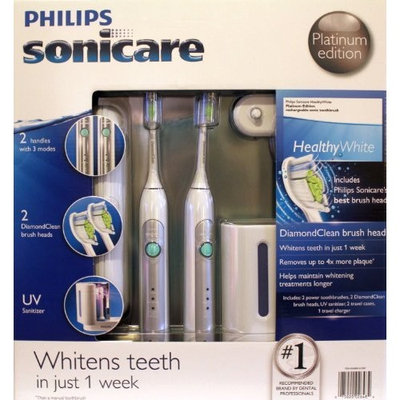 Philips Sonicare HX6733/90 HealthyWhite 3 Mode Platinum Edition Rechargeable Toothbrush 2-Pack Bundle (2 Power Toothbrushes, 2 DiamondClean Brush Heads, 1 UV Sanitizer with Integrated Charger, 1 Travel charger, 2 Travel cases)
