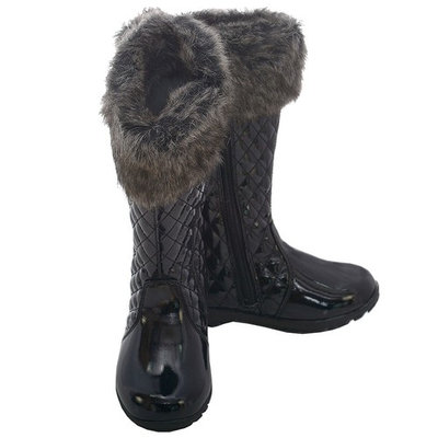 L'Amour Black Quilted Patent Faux Fur Fashion Boot Toddler Girl 7-10