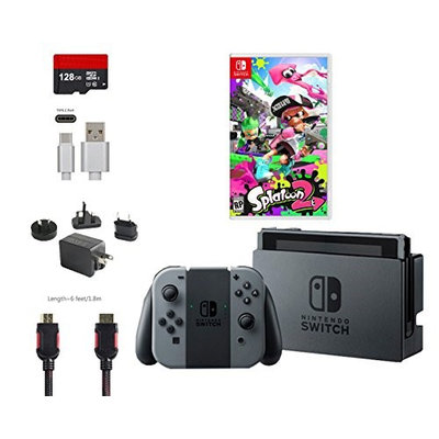 Nintendo Switch Bundle (6 items): 32GB Console Gray Joy-con, Game Disc Splatoon 2, 128GB Micro SD Card, Type C Cable, HDMI Cable Wall Charger
