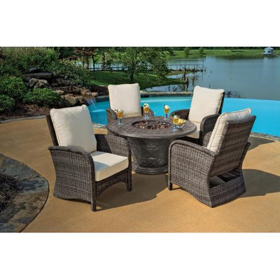 Northlight 5-Piece Portico Wicker Patio Chair and Cast Aluminum Gas Fire Pit Outdoor Furniture Set - Beige Cushions