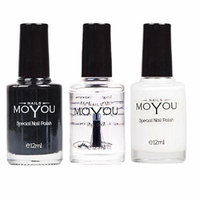 MoYou Nails Stamping Nail Polish Pack of 3: Black, White and Top Coat Colours used for Stamping Nail Art to Create Beautiful Shinny and Fashionable Nails Sourced Directly from the Manufacturer