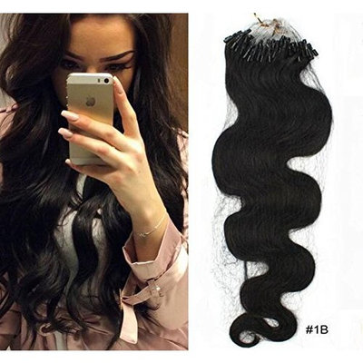 SHINING STYLE Body Wave Micro Loop Ring Hair Extensions Remy Brazilian Human Hair 100 Strands 1g/strand Natural Color (18''(45cm))