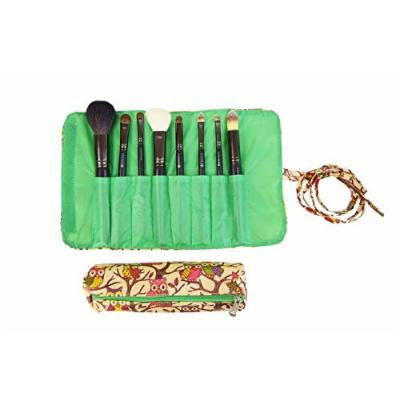 2 Pcs Set Brush Rolling Organizer Cosmetic Bag Brown Pink Owl With Green Trim, CASE OF 12