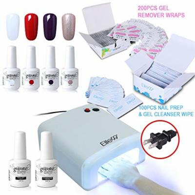 Elite99 Soak Off UV LED 4 Color Nail Gel Polish + Base Top Coat + 36W Nail Lamp(US Plug) + 200pcs Gel Remover Wraps + 100pcs Nail Prep & Gel Cleanser Wipe Nail Art Manicure Set C011