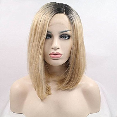 Realistic Looking Short Bob Wigs Ombre Blonde Lace Front Wig Straight For Women 2 Tones Dark Roots Synthetic Wig Glueless Heat Resistant Fiber Hair Half Hand Tied 8 inches