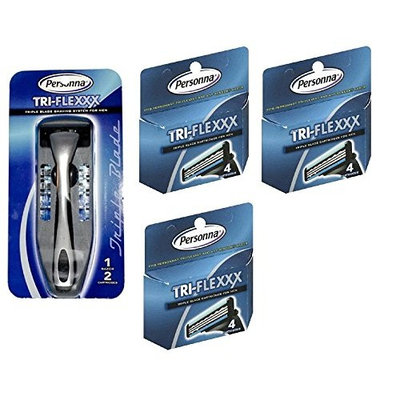 Men's Personna Tri-Flexxx Razor Blade Handle w/ 2 cartridges + Personna Tri-flexxx Triple Blade Refill Cartridges for Men 4 ct. (Pack of 3) + FREE LA Cross Blemish Remover 74851