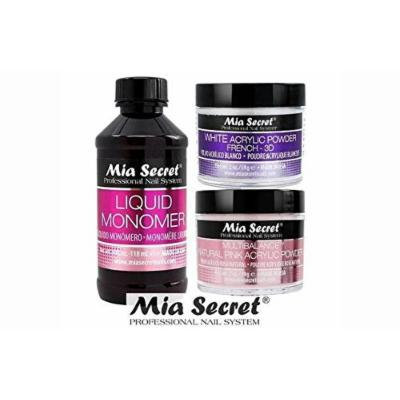 MIA SECRET 4 oz LIQUID MONOMER + Acrylic Powder 2 oz White & Multibalance (Natural Pink) -Made in USA