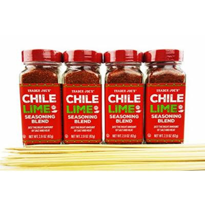 Trader Joe's Chile Lime Seasoning Spice Blend - Gift Bundle With 100 Pack Bamboo Skewers, 2.9 oz (Pack of 4) - Best Enjoyed on Fruit Salad, Veggies, Meats, Grilling