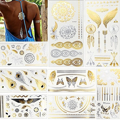 8 Sheets Flash Metallic Gold Temporary Waterproof Jewelry Decal Body Makeup Wing Butterfly