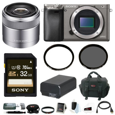 Sony Alpha A6000 Camera Body w/ 30mm Lens & 32GB Accessory Bundle - Graphite