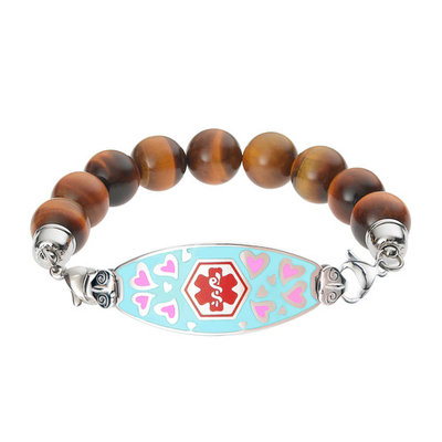 Divoti Pre-engraved PENICILLIN ALLERGY Loving Heart Medical Alert Bracelet -Tiger Eye Bead- Free Medical ID Card & Meidcal Alert Apps-Red-7.5