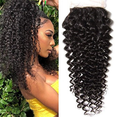 Longqi Hair Brazilian Curly Lace Closure 1PC 4x4 100% Unprocessed Human Hair Extensions Natural Color (16 inch three part closure)