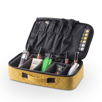 KIOTA Professional On The Go Portable EVA Makeup Train Case Cosmetic Travel Storage Organizer Bag with Dividers and Brush Pockets - Canary Yellow