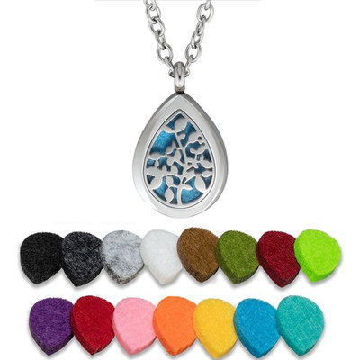 Plant Guru Essential Oil Diffuser Necklace Aromatherapy 25mm Stainless Steel Locket Pendant with 24 Inches Adjustable Chain, 15 Washable Refill Felt Pads. (Tree Drop)