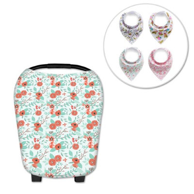 Besmall Breastfeeding Nursing Cover Scarf Baby Car Seat Canopy + 4 Drooling Bibs Unisex Snap Button Stretchy Multi-Use