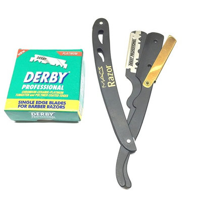 BLACK & GOLD COMBINATION Stainless Steel Barber Straight Edge Razor with Hi-Chromium Derby 100 Count Blades - Made of Platinum Stainless Steel - With Easy Blades Replacement Mechanism - Macs-045B1