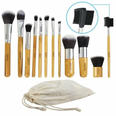 Zeny 12Pcs Wood Cosmetic Tools Set Eyeshadow Foundation Concealer Makeup Brushes Bag